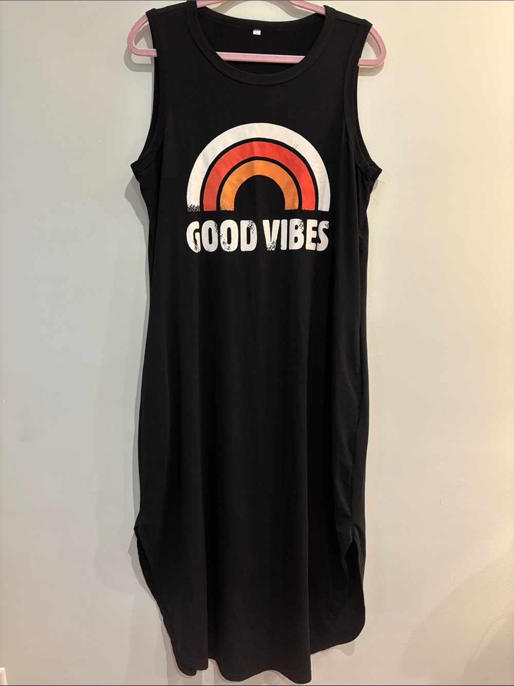 Good Vibes Rainbow Graphic Maxi Dress with Pockets - Black, Size L